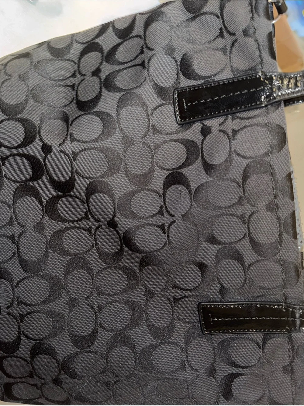 Coach Gray and Black Signature Tote with Blue Accent